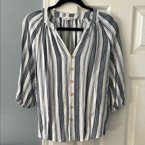 Striped Button-Up Blouse - Blue and White